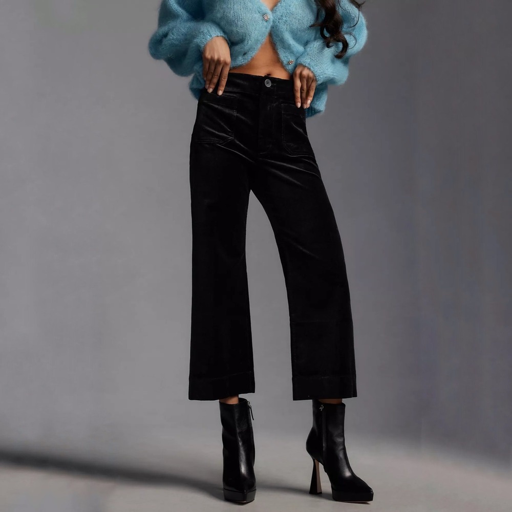 Maeve by Anthropologie The Colette Black Velvet Wide Leg Cropped Pants Size 25